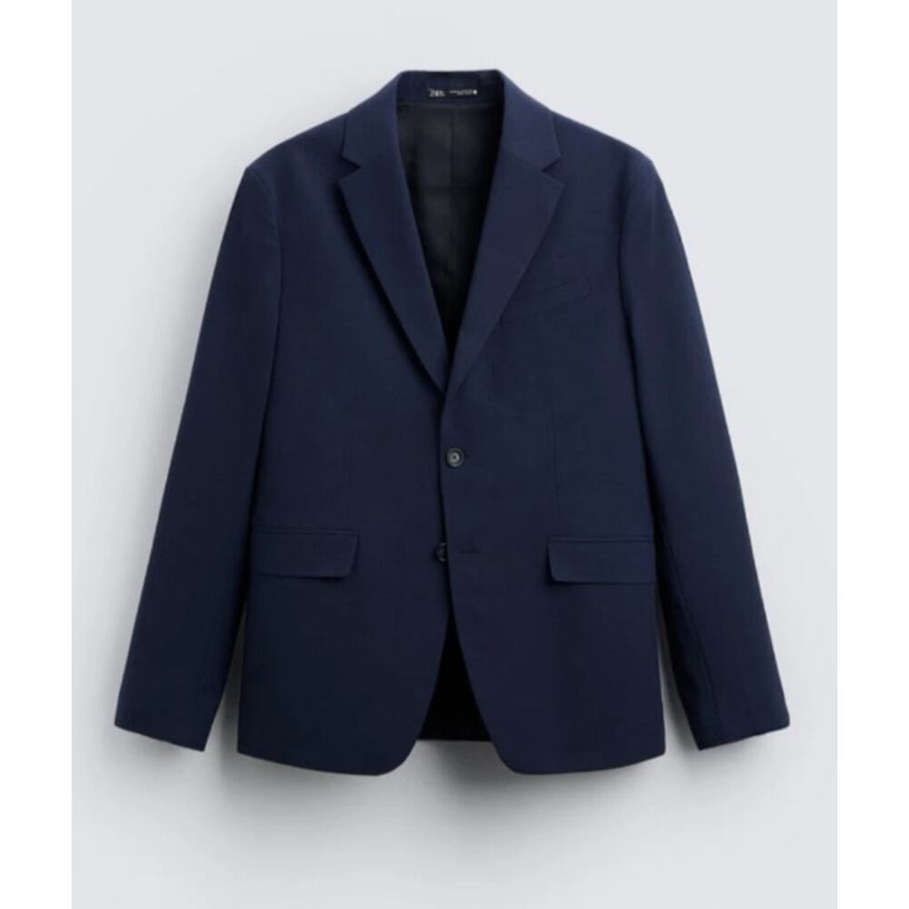 Zara Mens Blazer Jacket Navy Blue Wool Blend 2 Button 38‎